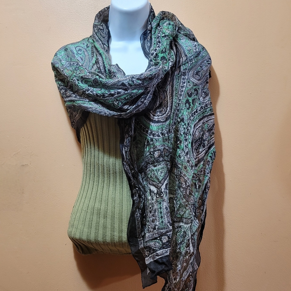Made In India Summer Weight Black Gray Green Paisley Sheer Silk Wrap Shawl